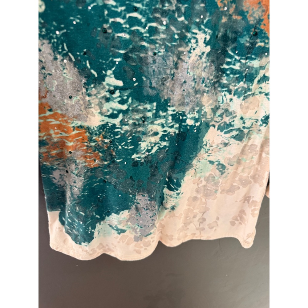 Reba Womens Teal Orange Abstract Watercolor Sequin Western Rhinestone Top Small - Picture 2 of 8